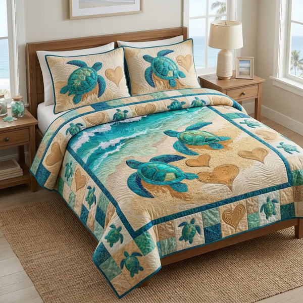 Coastal Turtle Love quilted 3-piece bedding set on a made bed in a light coastal bedroom