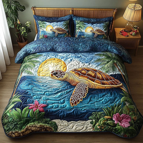 Coastal Turtle quilted 3-piece bedding set on a made bed in a light coastal bedroom