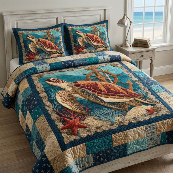 Coastal Turtle quilted 3-piece bedding set on a made bed in a light coastal bedroom