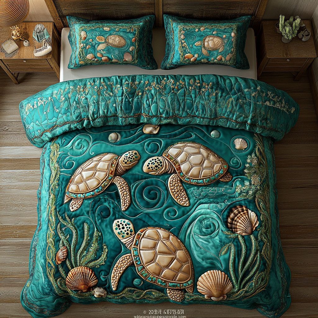 Coastal Turtle Stroll quilted 3-piece bedding set on a made bed in a light coastal bedroom