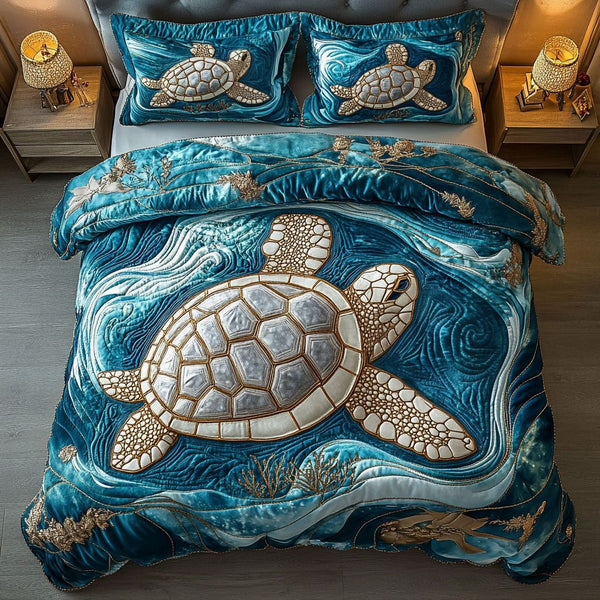 Coastal Turtle Stroll quilted 3-piece bedding set on a made bed in a light coastal bedroom