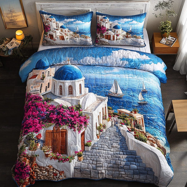 Coastal Vibes quilted 3-piece bedding set on a made bed in a light coastal bedroom