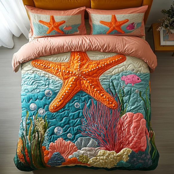 Coastal View quilted 3-piece bedding set on a made bed in a light coastal bedroom