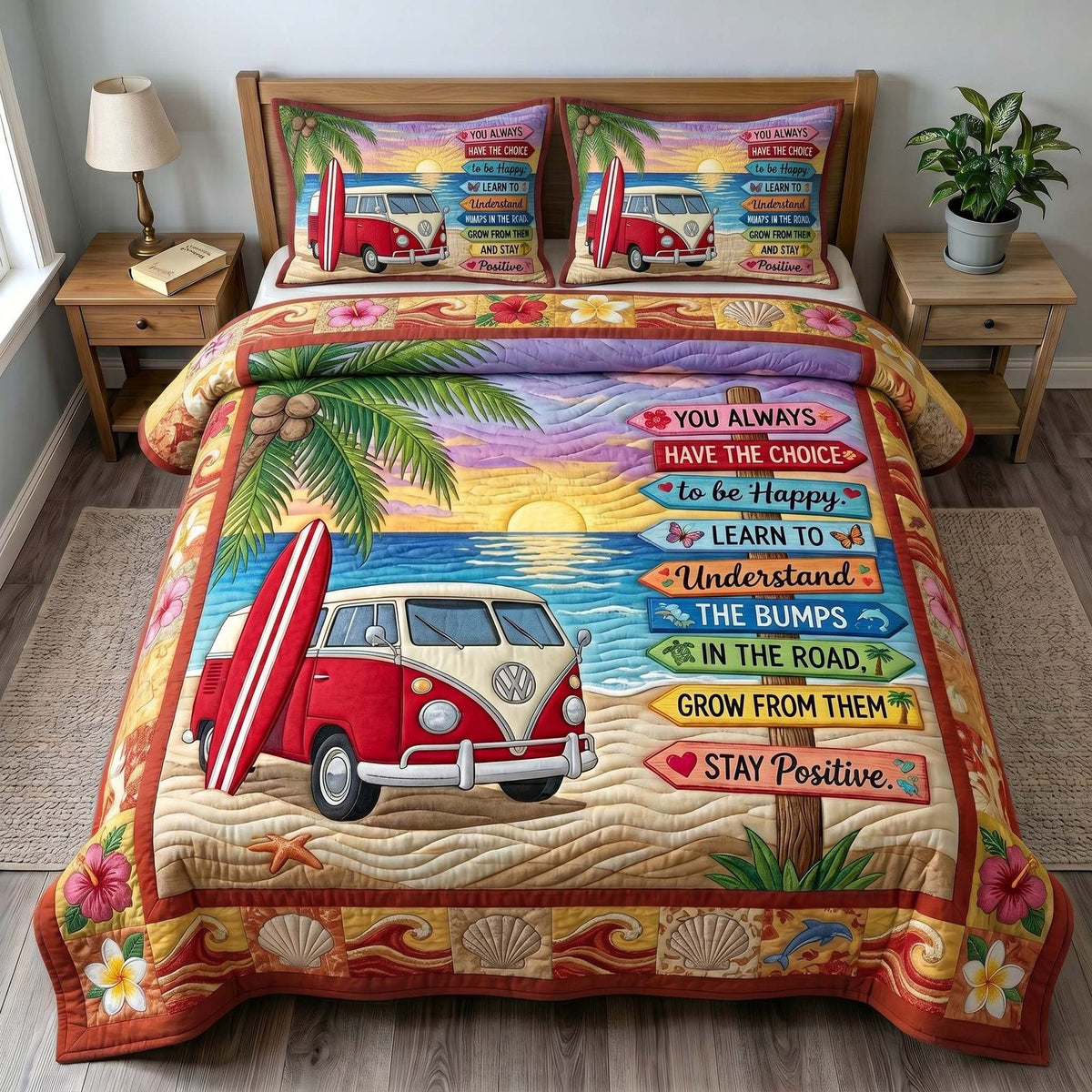 Coastal Wanderer quilted 3-piece bedding set on a made bed in a light coastal bedroom