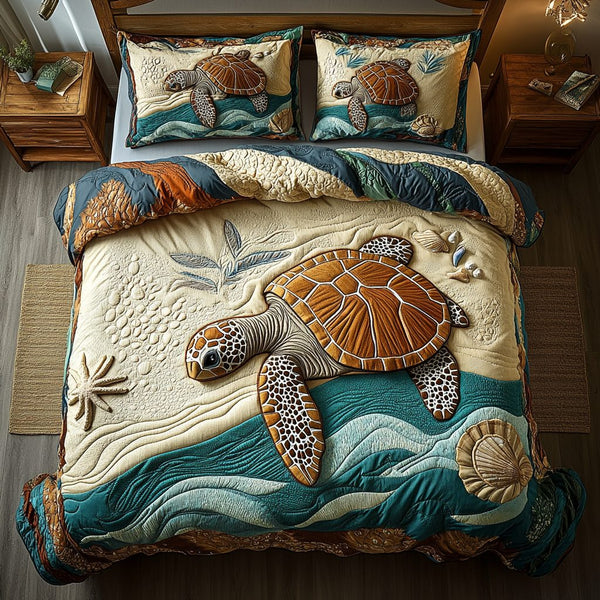 Coastal Wanderer quilted 3-piece bedding set on a made bed in a light coastal bedroom