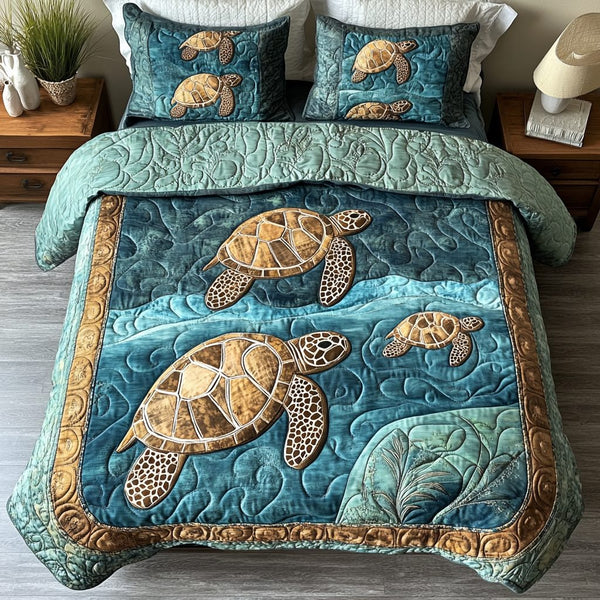 Coastal Wanderer quilted 3-piece bedding set on a made bed in a light coastal bedroom