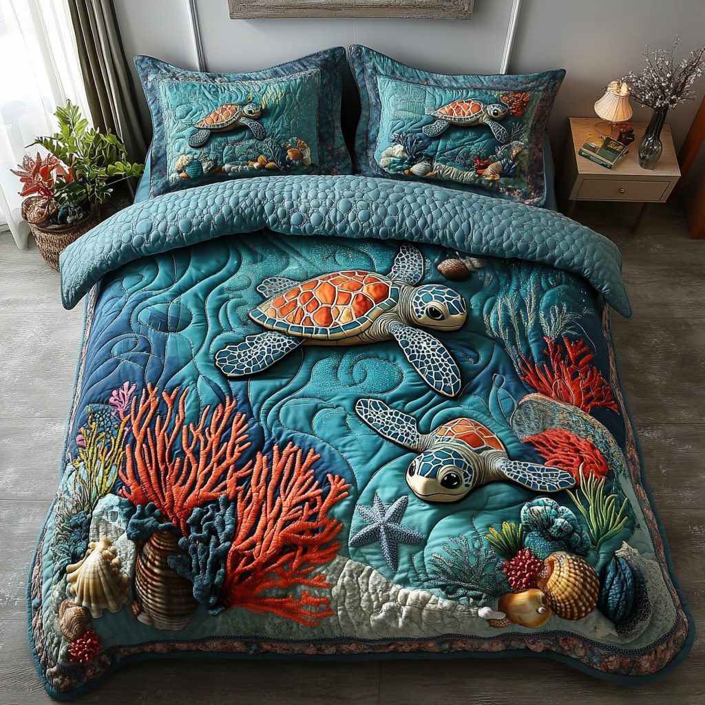 Coastal Wanderer quilted 3-piece bedding set on a made bed in a light coastal bedroom