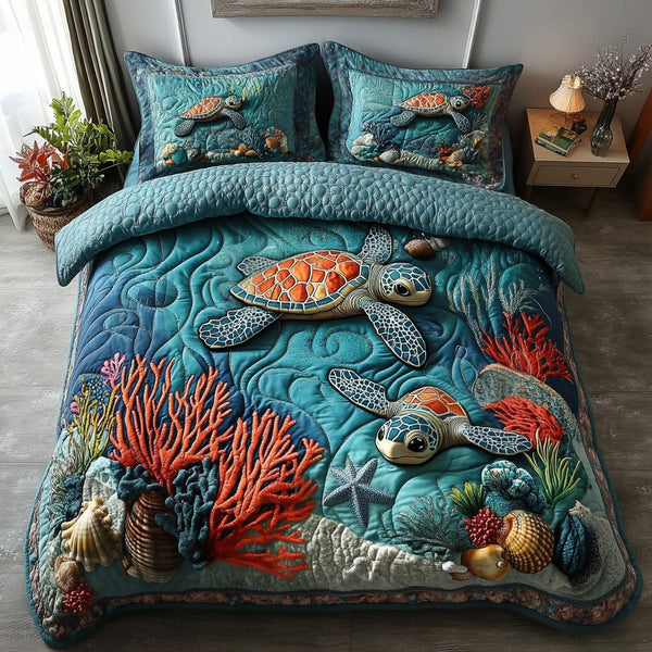 Coastal Wanderer quilted 3-piece bedding set on a made bed in a light coastal bedroom