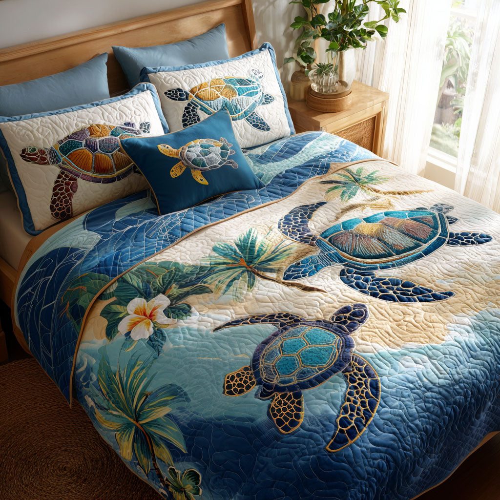 Coastal Wanderers quilted 3-piece bedding set on a made bed in a light coastal bedroom