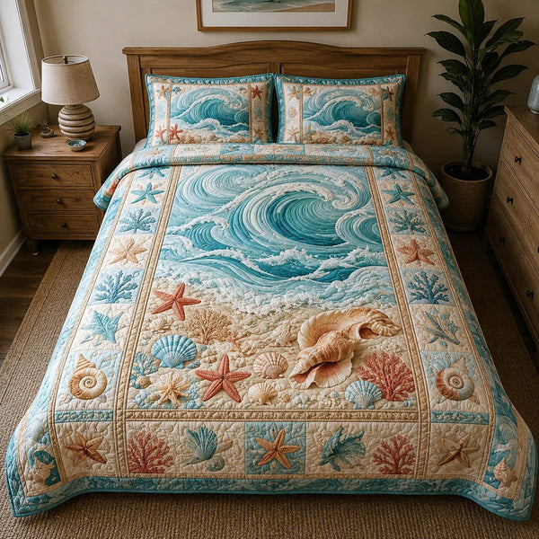Coastal Wave quilted 3-piece bedding set on a made bed in a light coastal bedroom