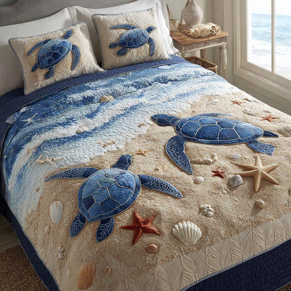 Coastal Waves quilted 3-piece bedding set on a made bed in a light coastal bedroom