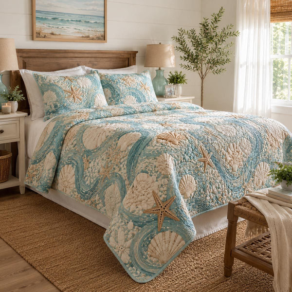 Coastal Waves quilted 3-piece bedding set on a made bed in a light coastal bedroom