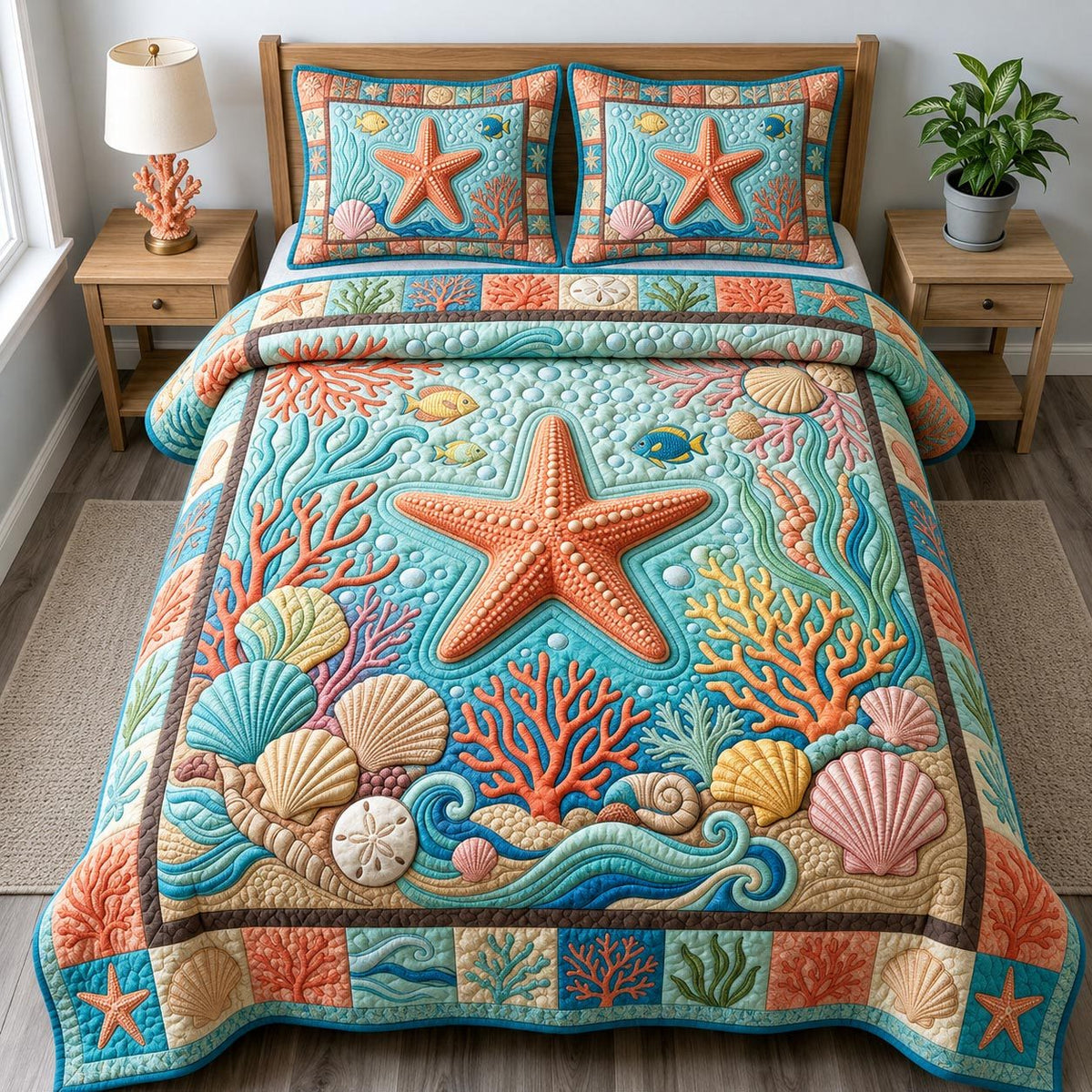 Coastal Whisper quilted 3-piece bedding set on a made bed in a light coastal bedroom