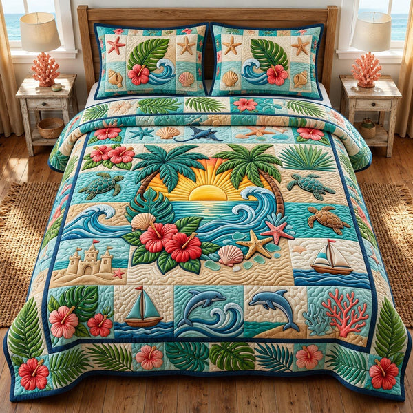 Coastal Whisper quilted 3-piece bedding set on a made bed in a light coastal bedroom