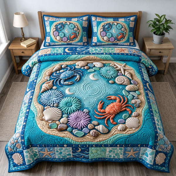 Coastal Whisper quilted 3-piece bedding set on a made bed in a light coastal bedroom