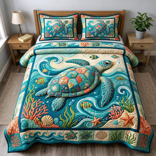 Coastal Whisper quilted 3-piece bedding set on a made bed in a light coastal bedroom