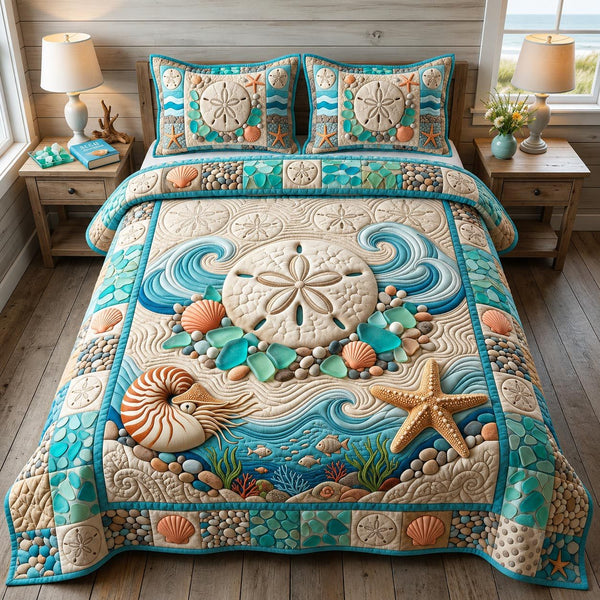 Coastal Whisper quilted 3-piece bedding set on a made bed in a light coastal bedroom