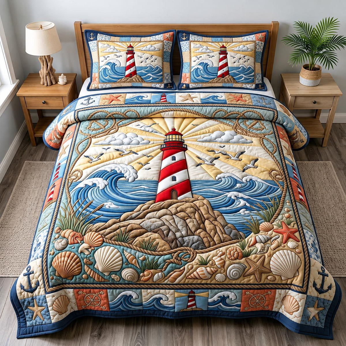 Coastal Whisper quilted 3-piece bedding set on a made bed in a light coastal bedroom