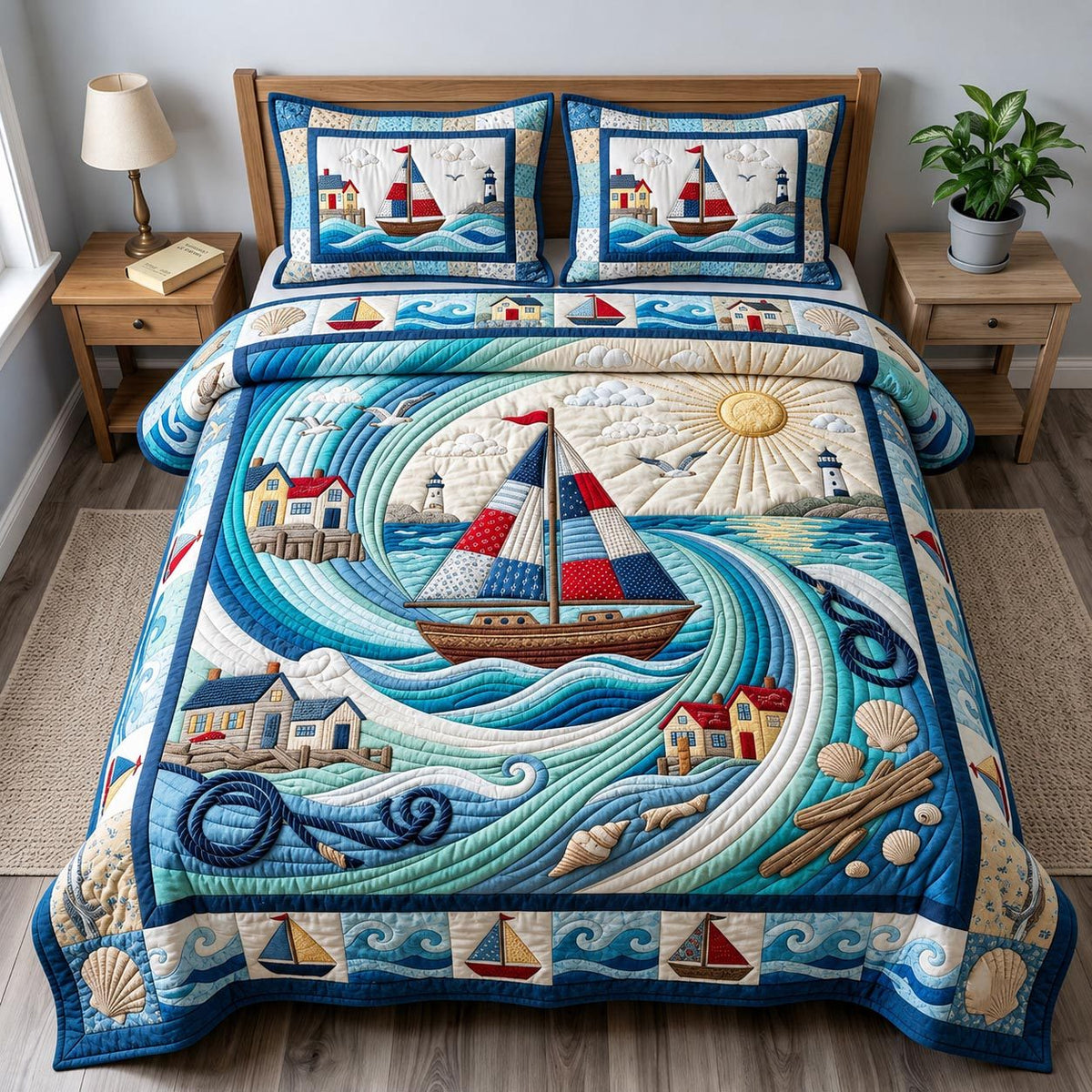 Coastal Whisper quilted 3-piece bedding set on a made bed in a light coastal bedroom