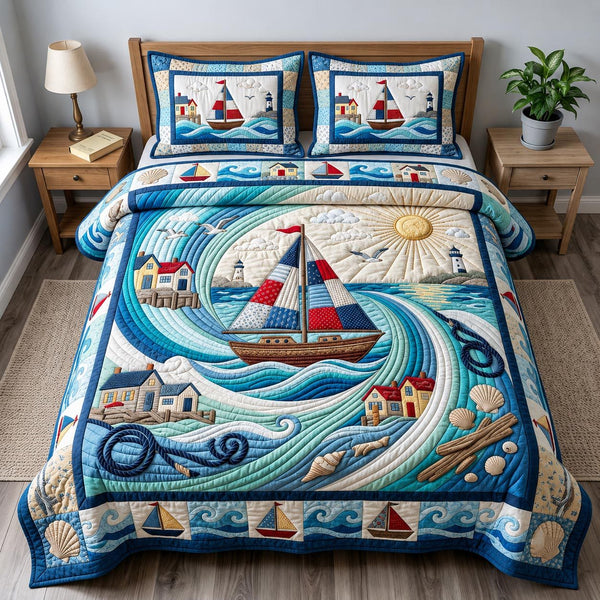 Coastal Whisper quilted 3-piece bedding set on a made bed in a light coastal bedroom