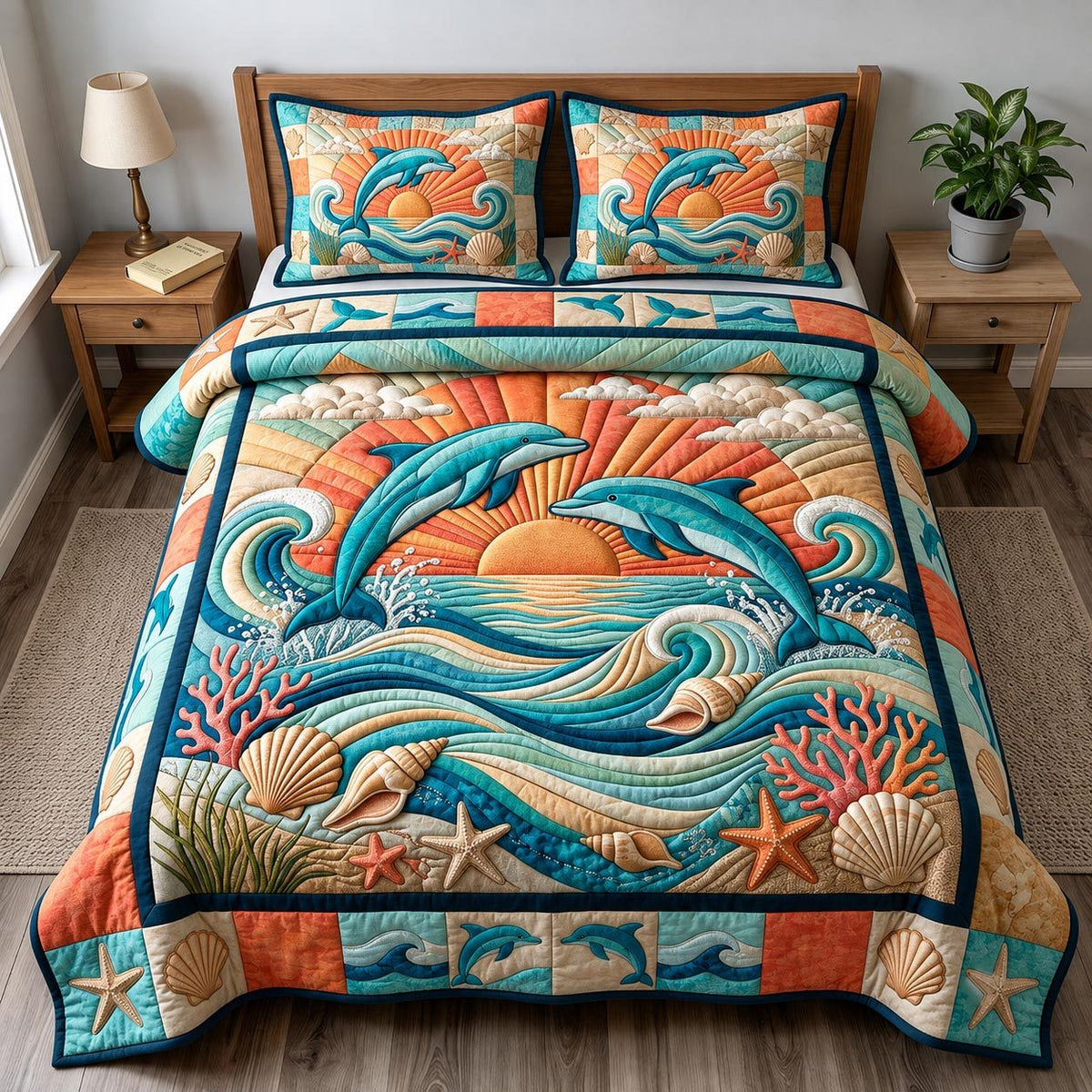 Coastal Whisper quilted 3-piece bedding set on a made bed in a light coastal bedroom