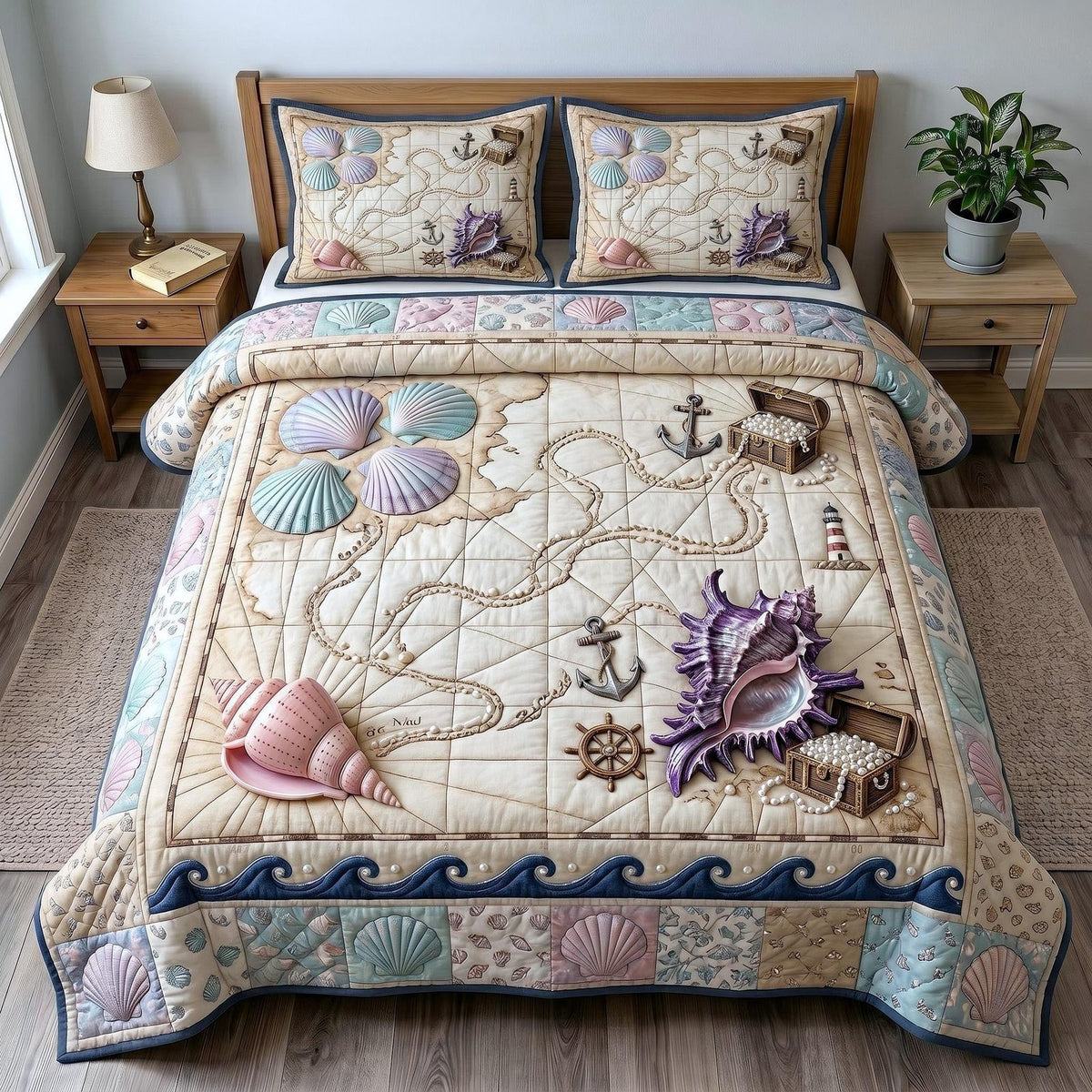 Coastal Whisper quilted 3-piece bedding set on a made bed in a light coastal bedroom