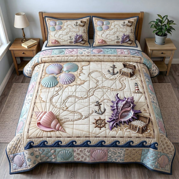 Coastal Whisper quilted 3-piece bedding set on a made bed in a light coastal bedroom