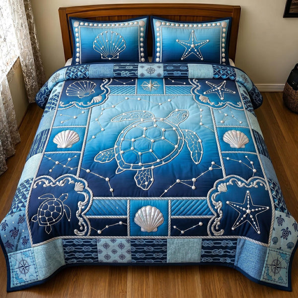 Coastal Whisper quilted 3-piece bedding set on a made bed in a light coastal bedroom