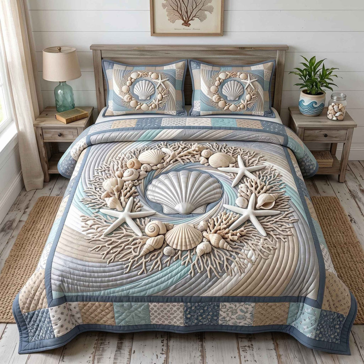 Coastal Whisper quilted 3-piece bedding set on a made bed in a light coastal bedroom