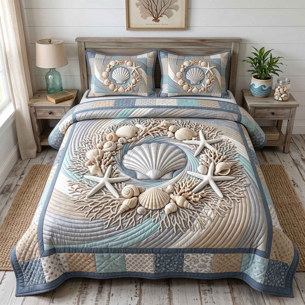 Coastal Whisper quilted 3-piece bedding set on a made bed in a light coastal bedroom