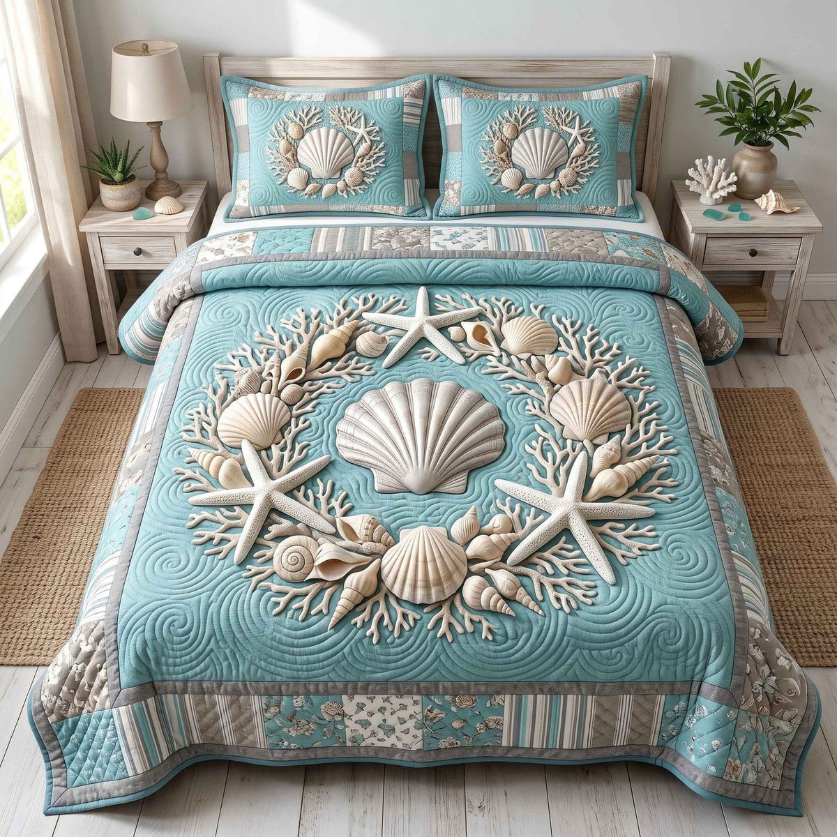 Coastal Whisper quilted 3-piece bedding set on a made bed in a light coastal bedroom