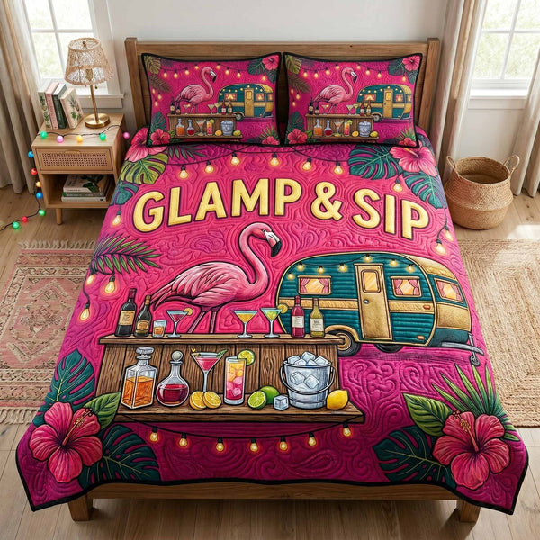 Cocktail Camper quilted 3-piece bedding set on a made bed with two matching pillow shams