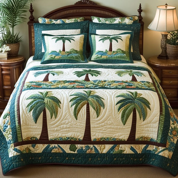 Coconut Coast quilted 3-piece bedding set on a made bed with two matching pillow shams