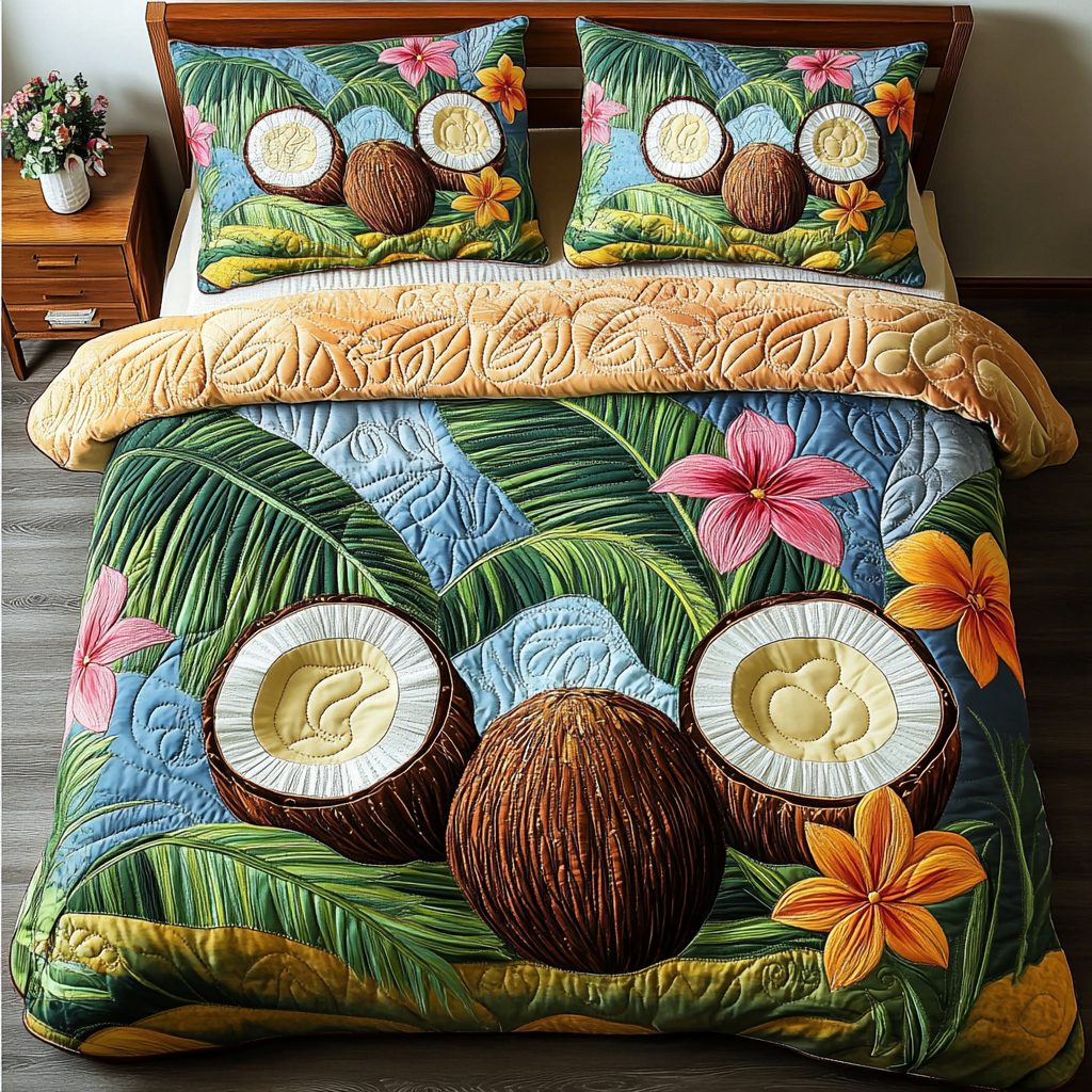 Coconut Grove Dream quilted 3-piece bedding set on a made bed with two matching pillow shams