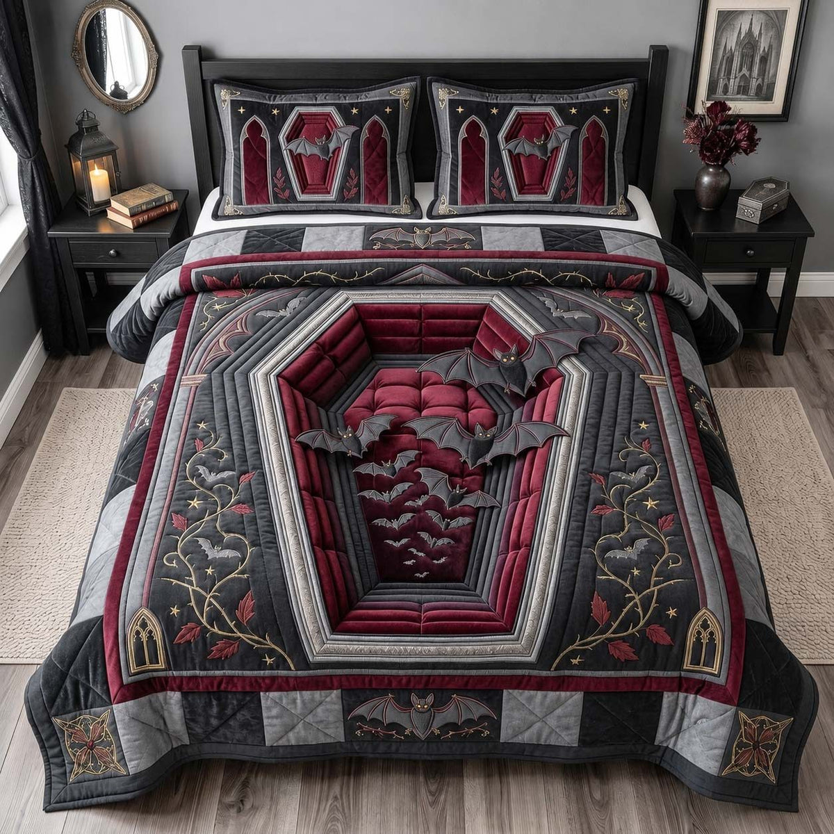 Coffin Bat Chamber quilted 3-piece bedding set on a made bed against a dark styled interior