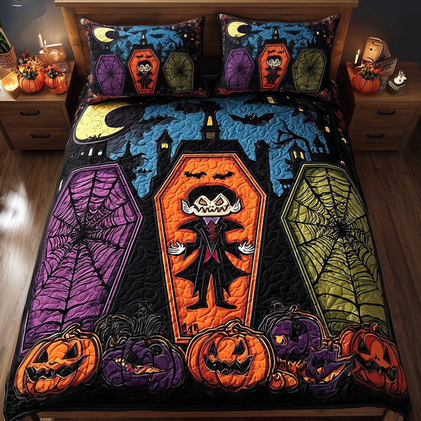 Coffin Magic quilted 3-piece bedding set on a made bed with two matching pillow shams