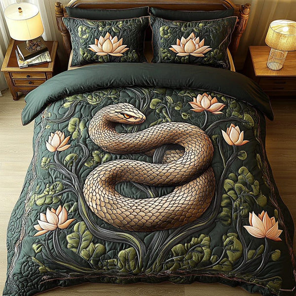Coiled Charm quilted 3-piece bedding set on a made bed with two matching pillow shams