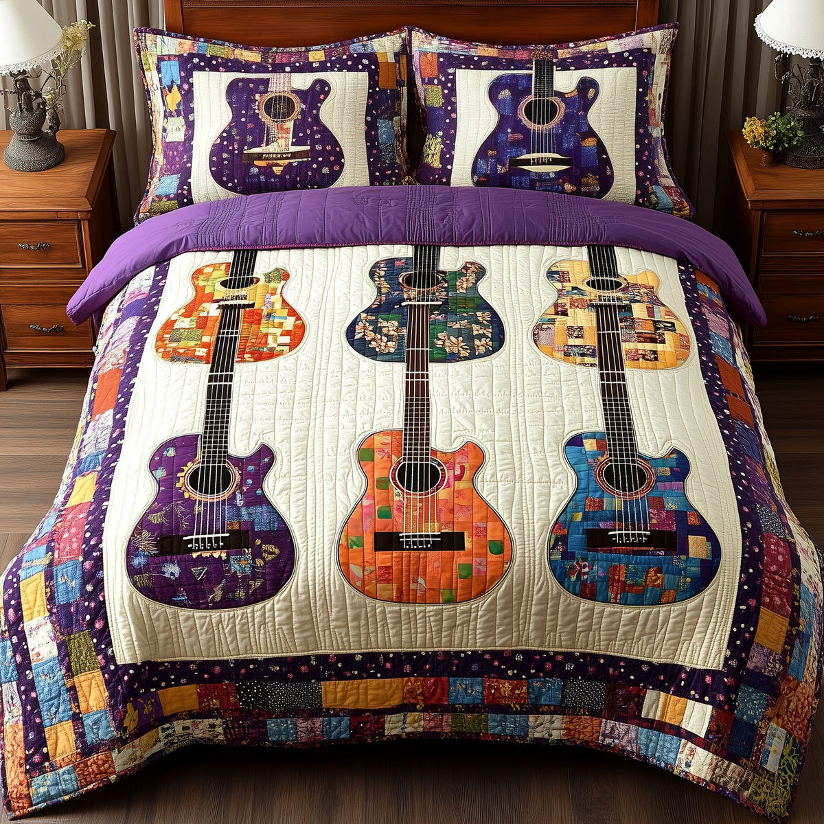 Coloful Guitars quilted 3-piece bedding set on a made bed with two matching pillow shams