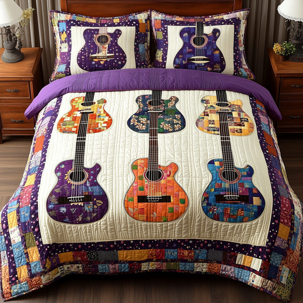 Coloful Guitars quilted 3-piece bedding set on a made bed with two matching pillow shams
