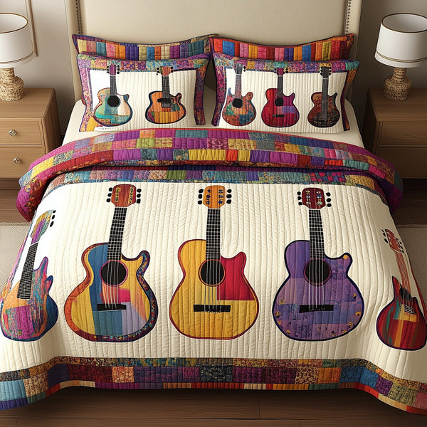 Coloful Guitars quilted 3-piece bedding set on a made bed with two matching pillow shams