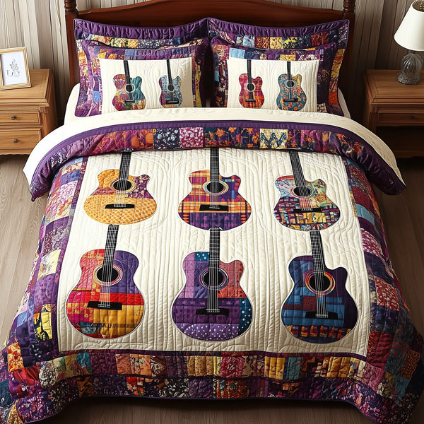 Coloful Guitars quilted 3-piece bedding set on a made bed with two matching pillow shams