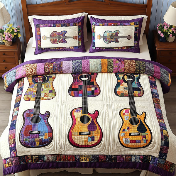 Coloful Guitars quilted 3-piece bedding set on a made bed with two matching pillow shams
