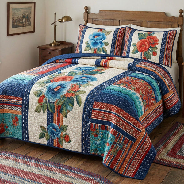 Colonial Bloom quilted 3-piece bedding set on a made bed with two matching pillow shams