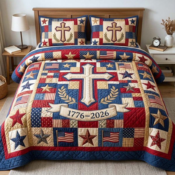 Colonial Cross quilted 3-piece bedding set on a made bed in a softly lit bedroom