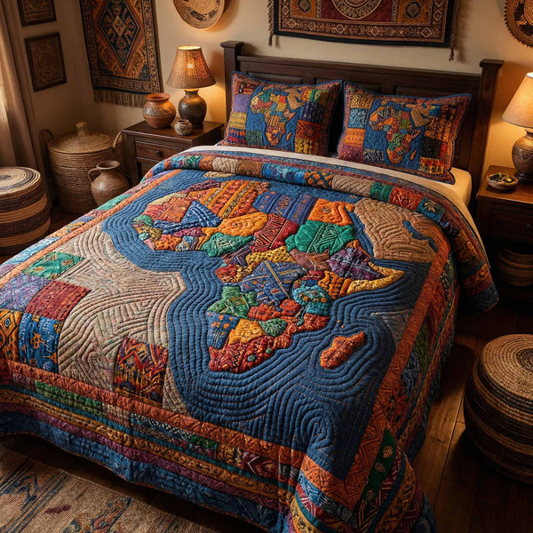 Color Africa quilted 3-piece bedding set on a made bed with two matching pillow shams
