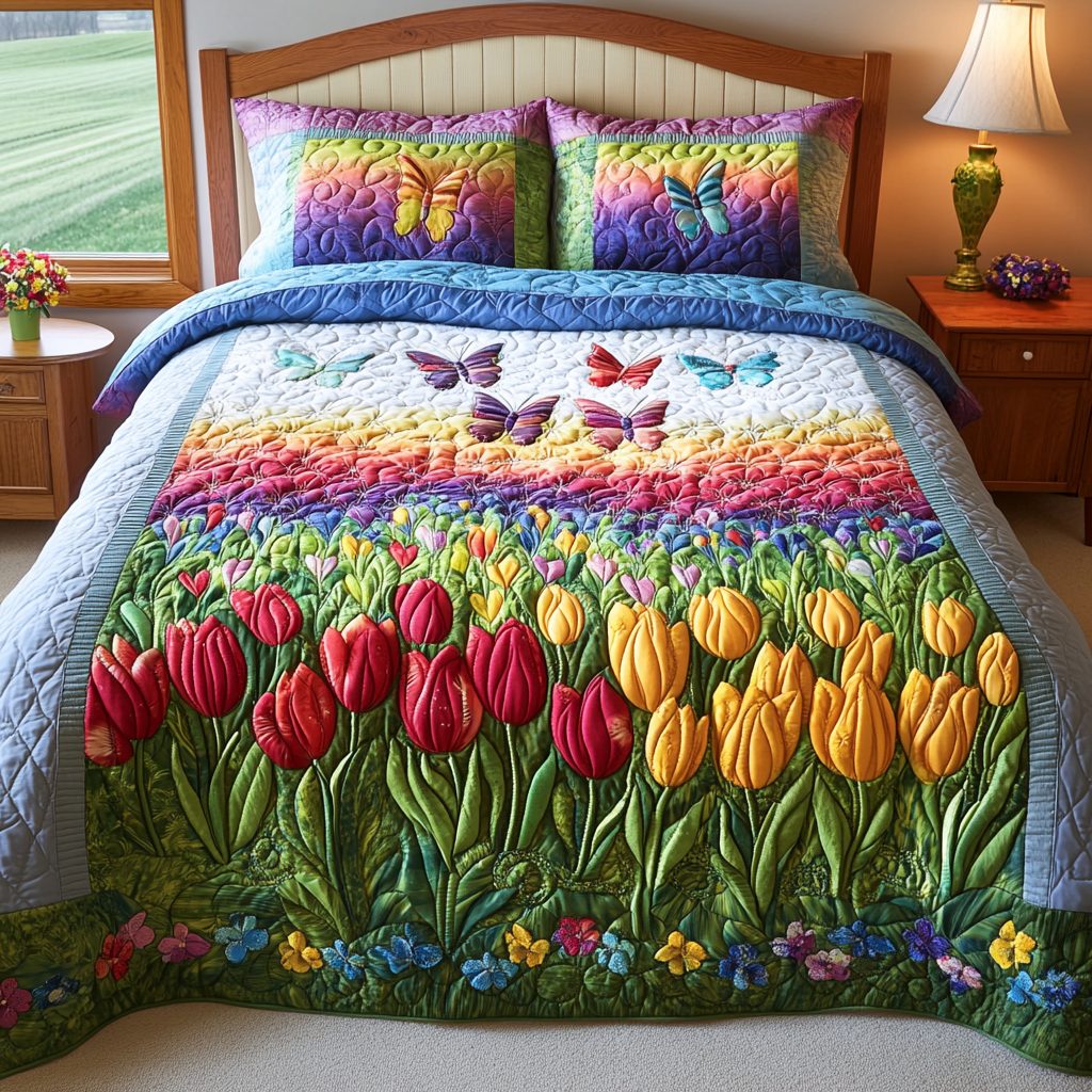 Color Burst quilted 3-piece bedding set on a made bed with two matching pillow shams