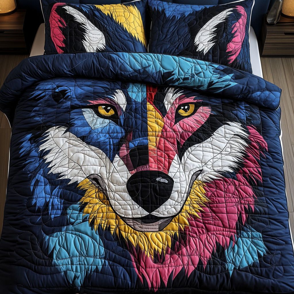 Color Burst Wolf quilted 3-piece bedding set on a made bed with two matching pillow shams