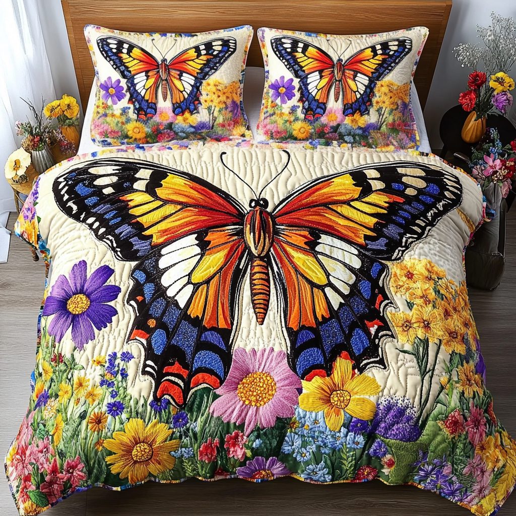 Color Flight quilted 3-piece bedding set on a made bed with two matching pillow shams