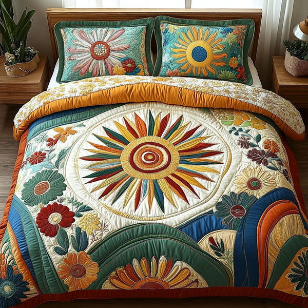 Color Pop Bloom quilted 3-piece bedding set on a made bed with two matching pillow shams