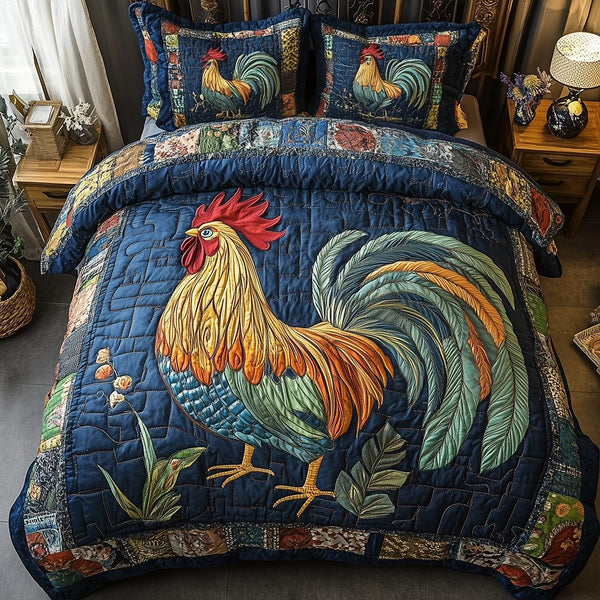 Colorburst Cock quilted 3-piece bedding set on a made bed with two matching pillow shams